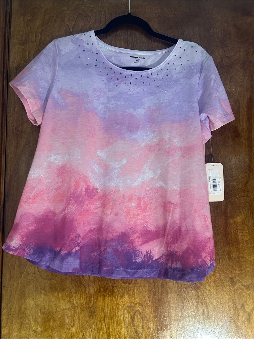 Allison Daley Pink and Purple Ombre Short Sleeve Tee with Rhinestones